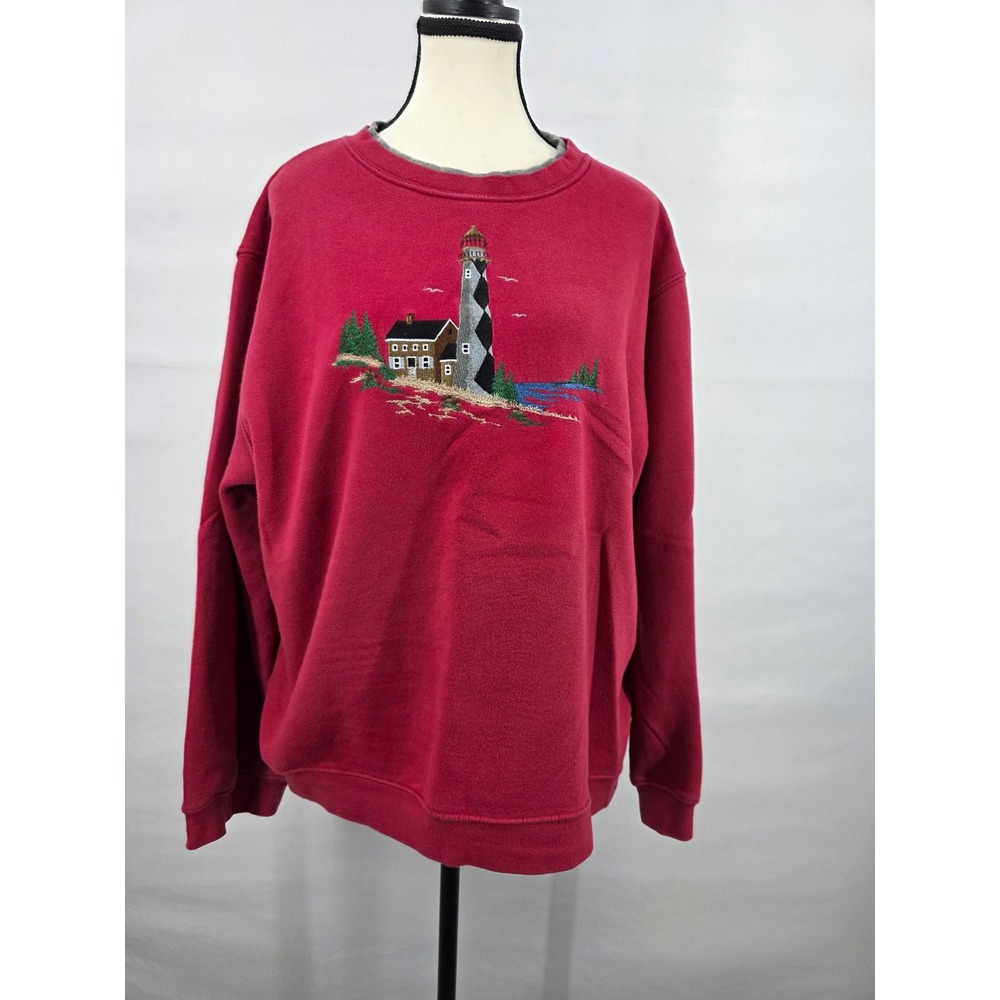 Links Red Embroidered Lighthouse Crewneck Sweatshirt Women 1X Coastal Fleece
